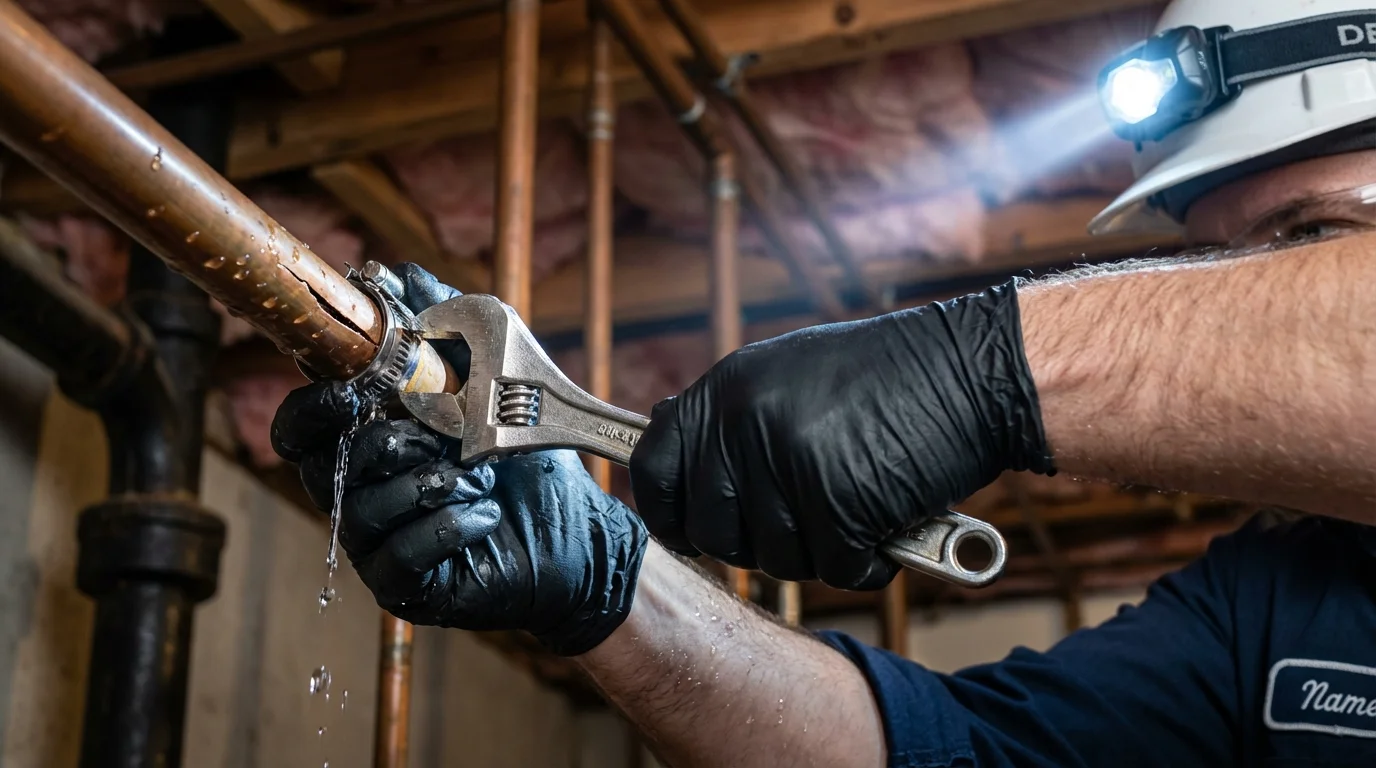 Emergency pipe clamp repair being performed by a Johns Plumbing LLC plumber in Lone Jack
