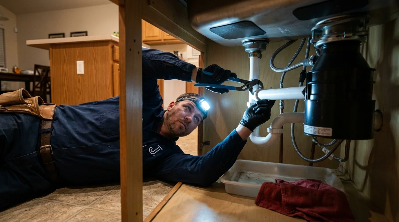 P-trap and supply line connections under a kitchen sink showing a common leak point in Lone Jack, MO